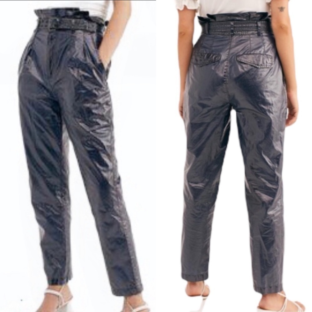 FREE PEOPLE WONDER WOMAN FAUX LEATHER HIGH WAIST PAPER BAG PANTS WITH BELT - Picture 1 of 9